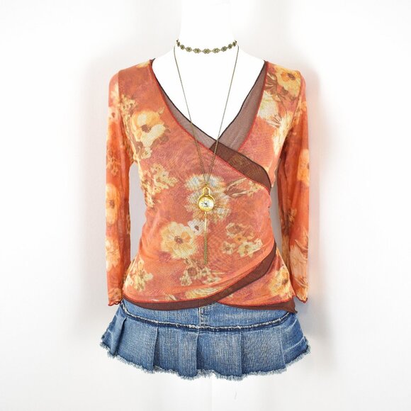 VTG 00s Y2K Moa Moa Orange Brown Sheer Mesh Floral 3/4 Sleeve Wrap Top Sz Large - Picture 1 of 5
